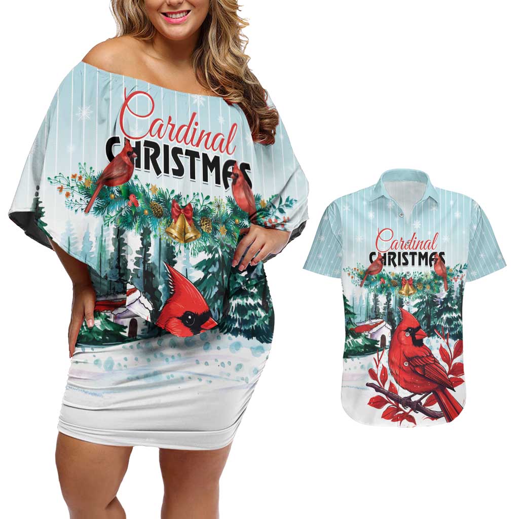 Personalised Cardinal Christmas Couples Matching Off Shoulder Short Dress and Hawaiian Shirt Snowflake Xmas Tree - Wonder Print Shop
