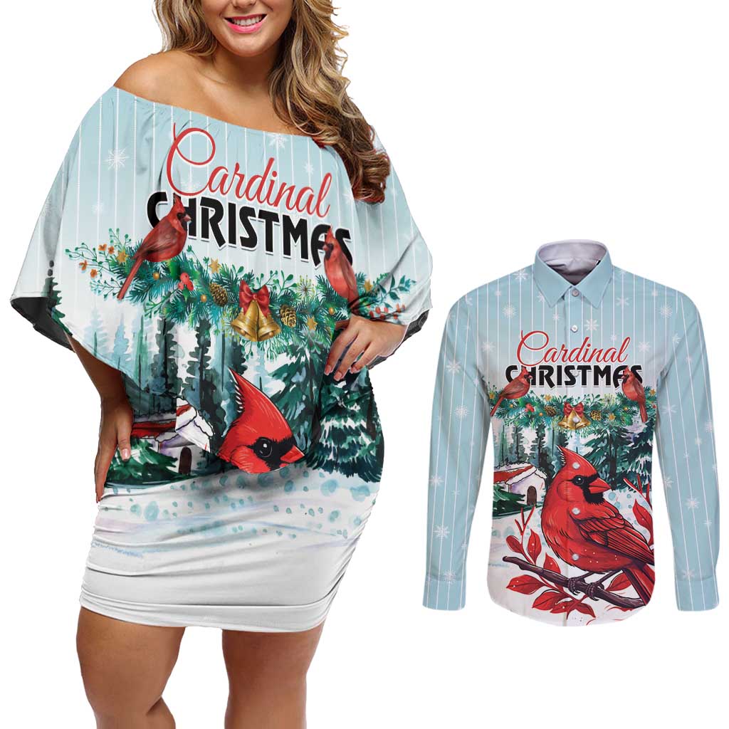 Personalised Cardinal Christmas Couples Matching Off Shoulder Short Dress and Long Sleeve Button Shirt Snowflake Xmas Tree - Wonder Print Shop