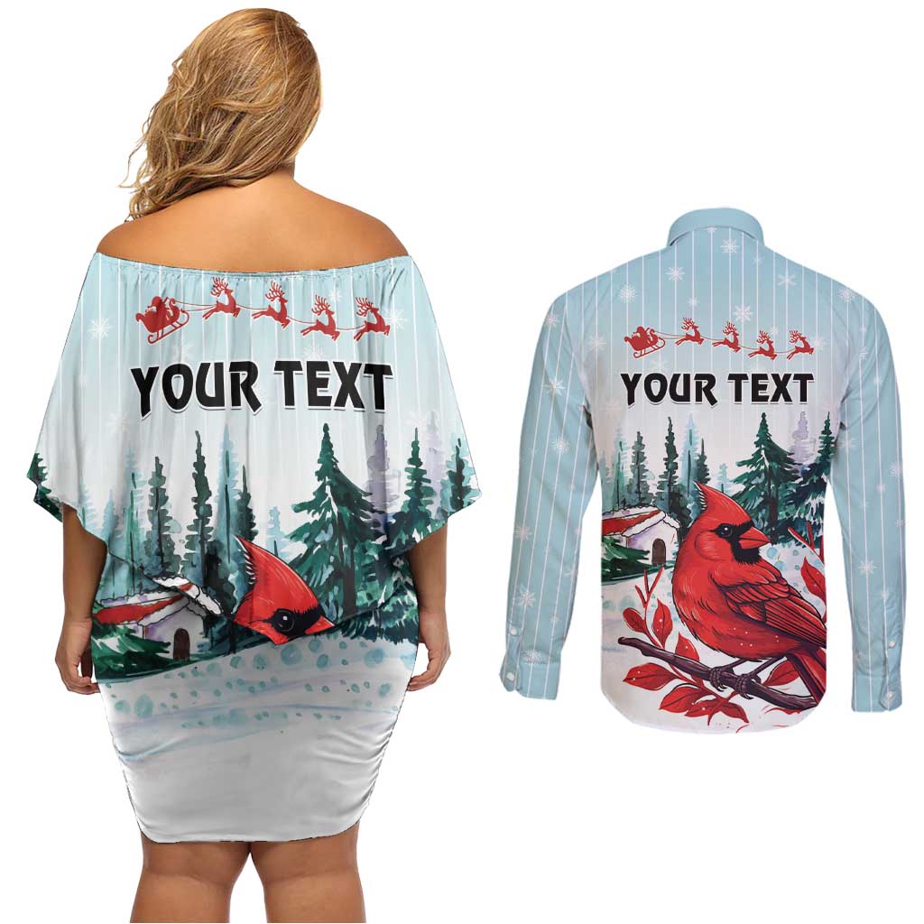 Personalised Cardinal Christmas Couples Matching Off Shoulder Short Dress and Long Sleeve Button Shirt Snowflake Xmas Tree - Wonder Print Shop