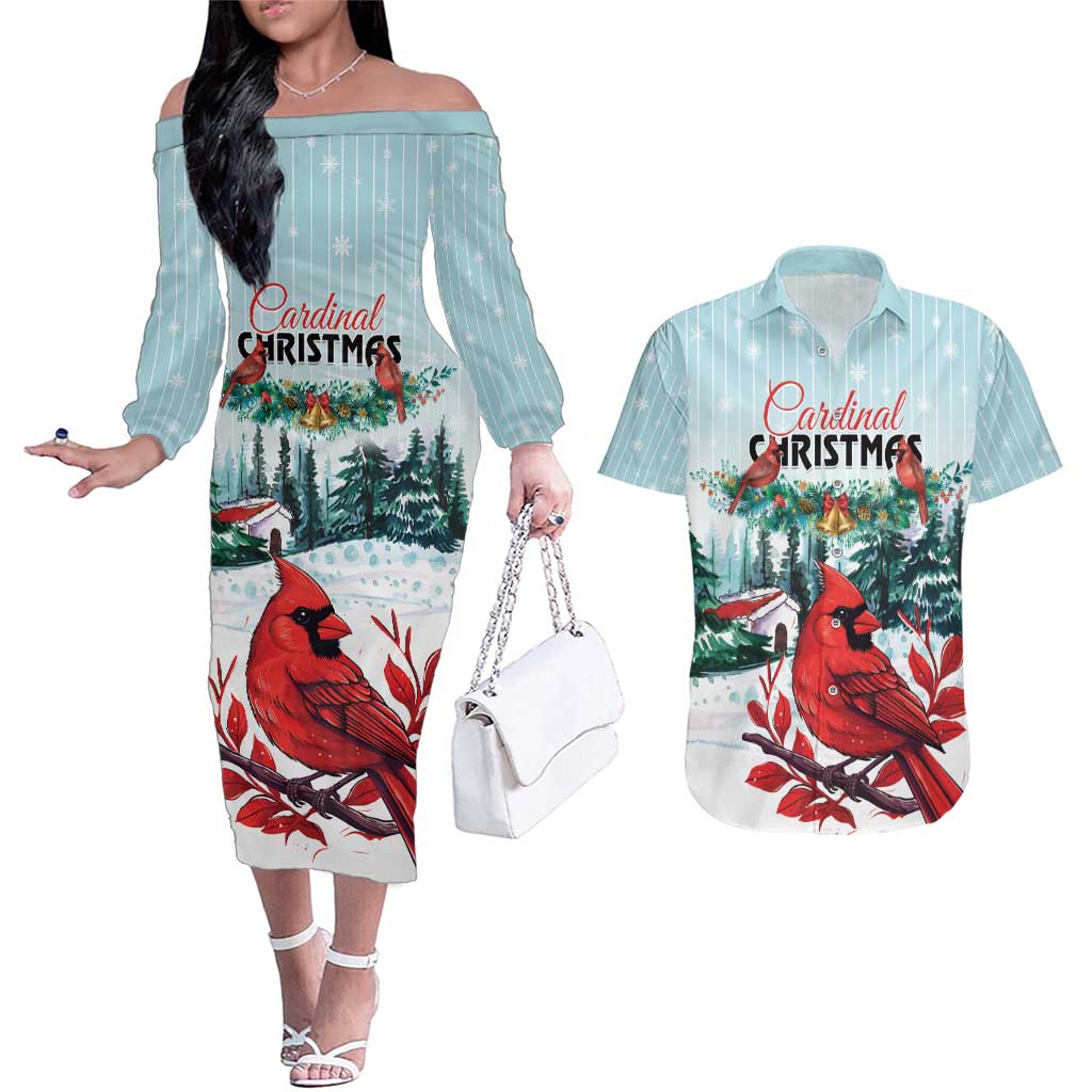Personalised Cardinal Christmas Couples Matching Off The Shoulder Long Sleeve Dress and Hawaiian Shirt Snowflake Xmas Tree - Wonder Print Shop