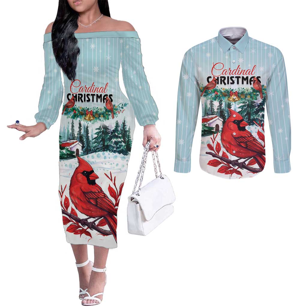 Personalised Cardical Christmas Couples Matching Off The Shoulder Long Sleeve Dress and Long Sleeve Button Shirt Snowflake Xmas Tree