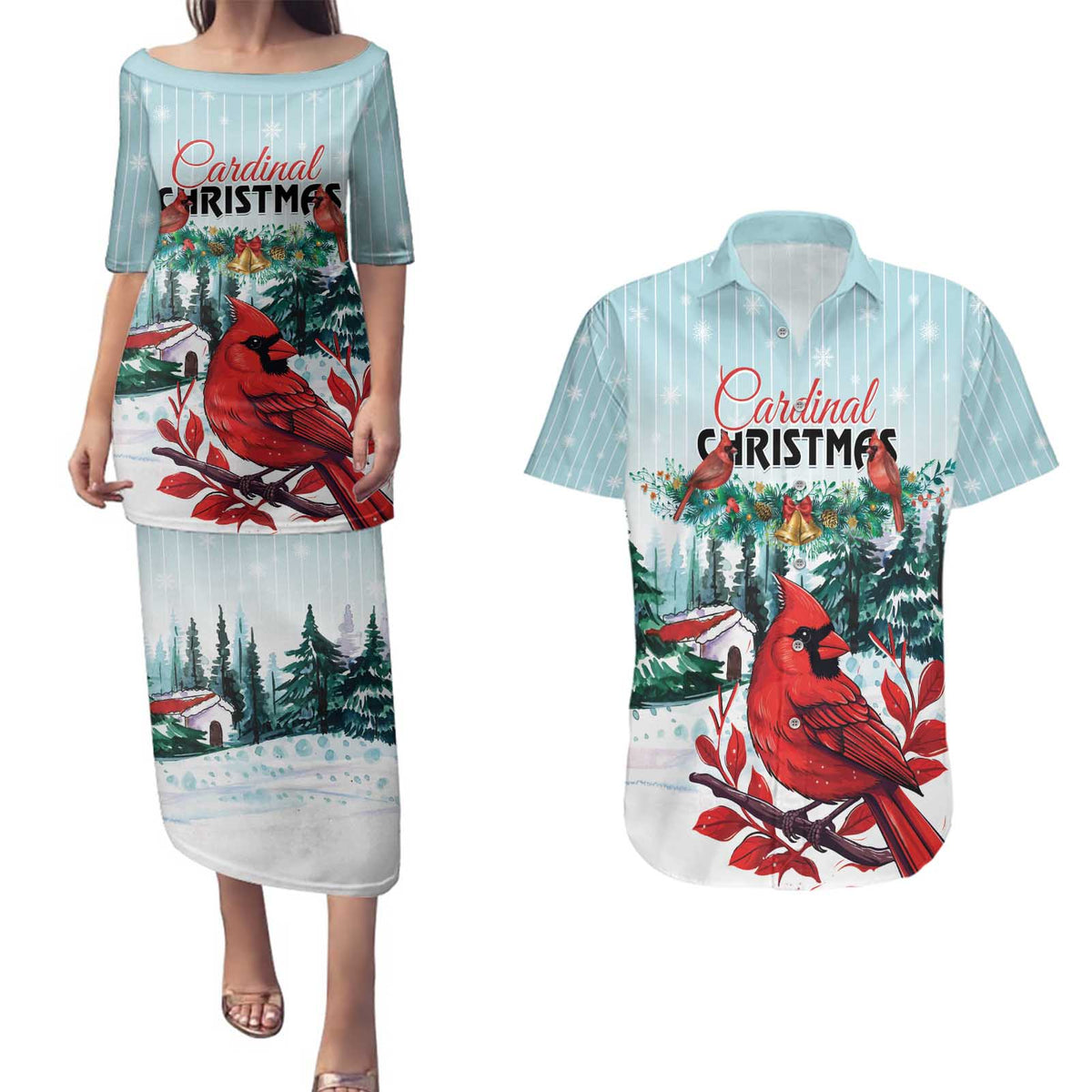 Personalised Cardinal Christmas Couples Matching Puletasi and Hawaiian Shirt Snowflake Xmas Tree - Wonder Print Shop