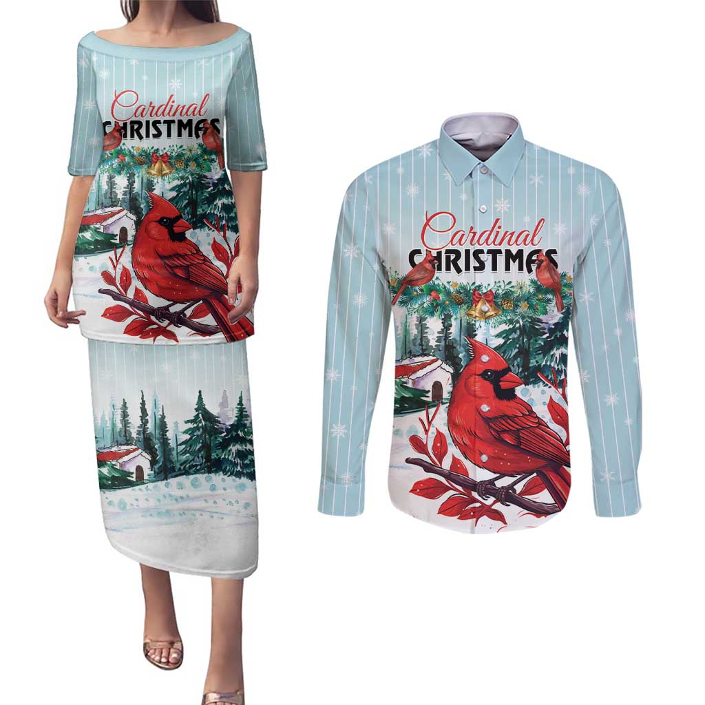 Personalised Cardinal Christmas Couples Matching Puletasi and Long Sleeve Button Shirt Snowflake Xmas Tree - Wonder Print Shop