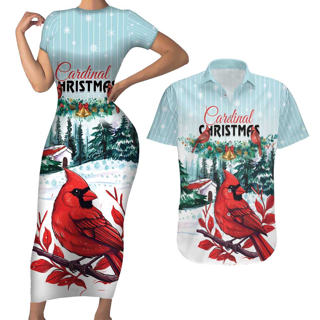 Personalised Cardinal Christmas Couples Matching Short Sleeve Bodycon Dress and Hawaiian Shirt Snowflake Xmas Tree - Wonder Print Shop