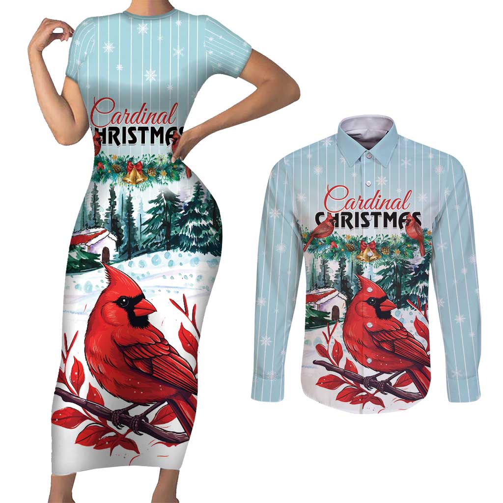 Personalised Cardinal Christmas Couples Matching Short Sleeve Bodycon Dress and Long Sleeve Button Shirt Snowflake Xmas Tree - Wonder Print Shop