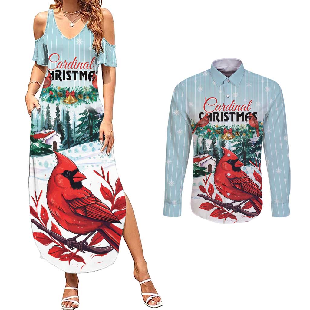 Personalised Cardinal Christmas Couples Matching Summer Maxi Dress and Long Sleeve Button Shirt Snowflake Xmas Tree - Wonder Print Shop
