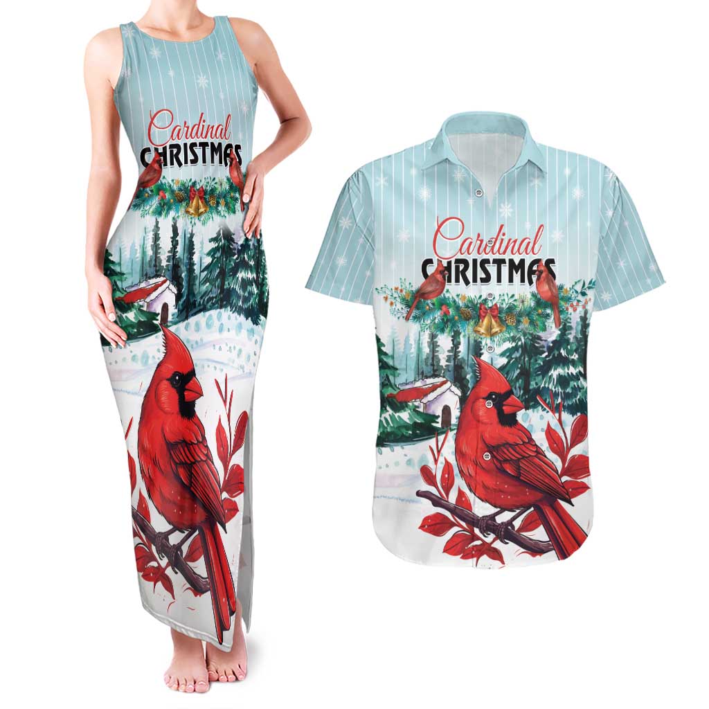 Personalised Cardinal Christmas Couples Matching Tank Maxi Dress and Hawaiian Shirt Snowflake Xmas Tree - Wonder Print Shop