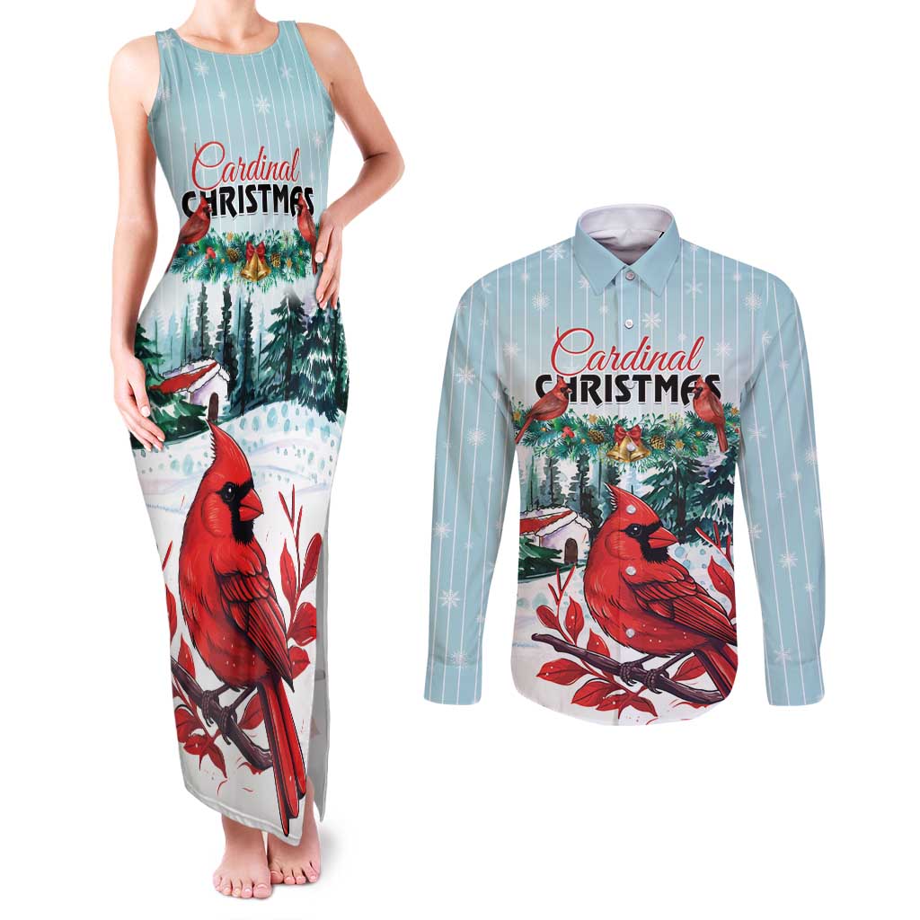 Personalised Cardinal Christmas Couples Matching Tank Maxi Dress and Long Sleeve Button Shirt Snowflake Xmas Tree - Wonder Print Shop