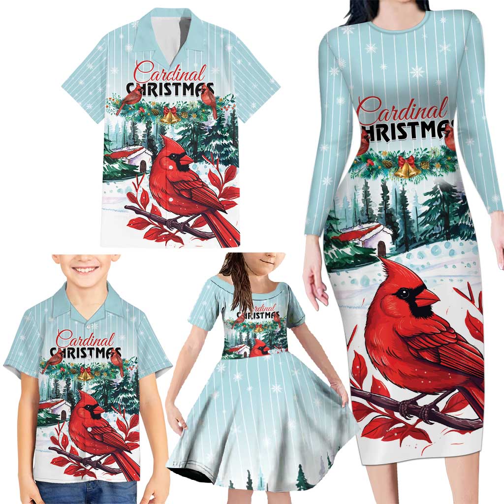 Personalised Cardinal Christmas Family Matching Long Sleeve Bodycon Dress and Hawaiian Shirt Snowflake Xmas Tree - Wonder Print Shop