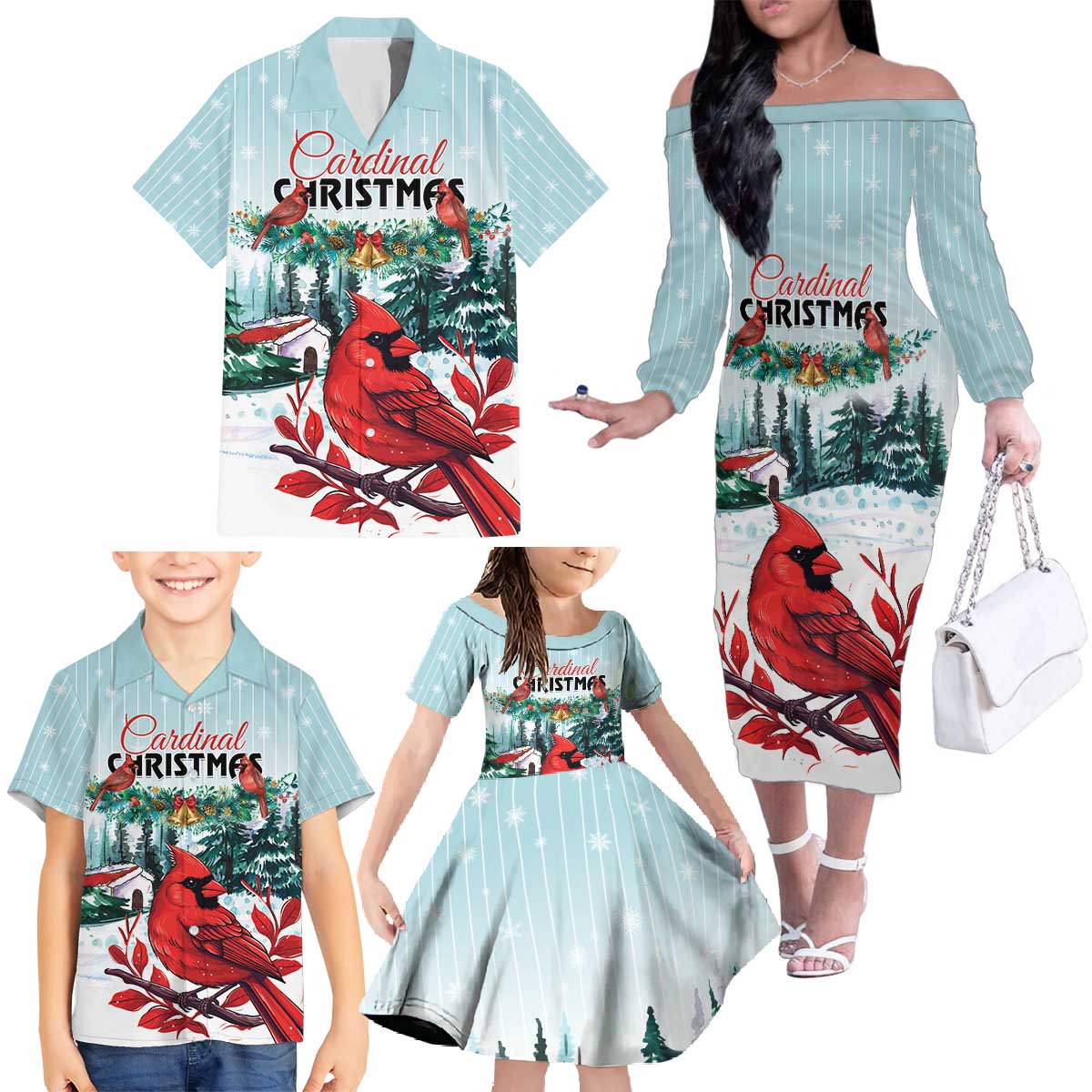 Personalised Cardinal Christmas Family Matching Off The Shoulder Long Sleeve Dress and Hawaiian Shirt Snowflake Xmas Tree - Wonder Print Shop
