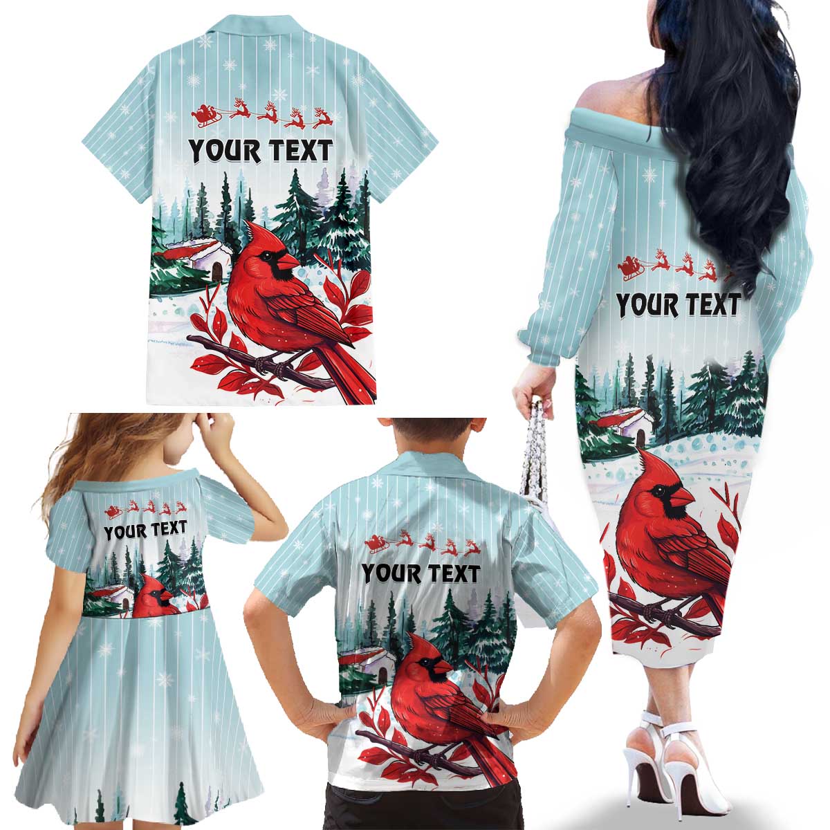 Personalised Cardinal Christmas Family Matching Off The Shoulder Long Sleeve Dress and Hawaiian Shirt Snowflake Xmas Tree - Wonder Print Shop