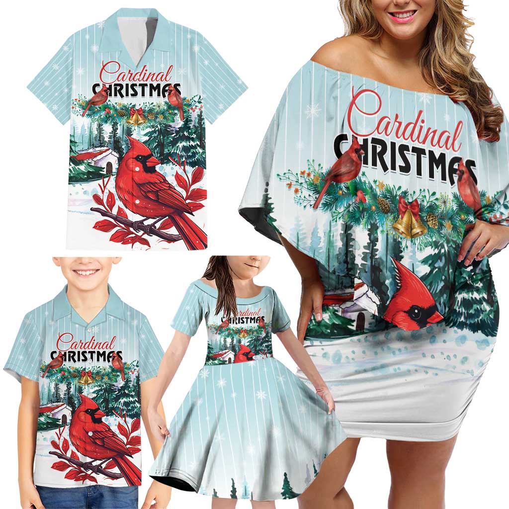 Personalised Cardinal Christmas Family Matching Off Shoulder Short Dress and Hawaiian Shirt Snowflake Xmas Tree - Wonder Print Shop