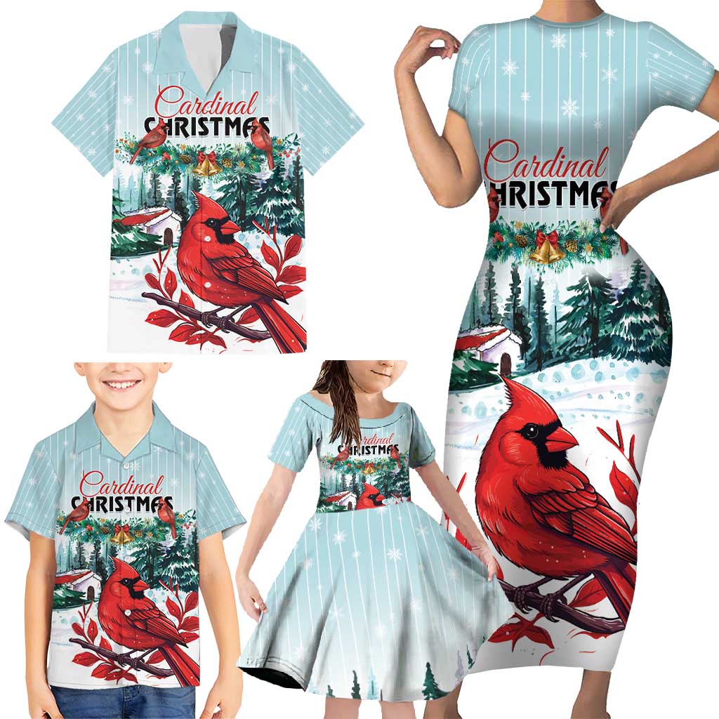 Personalised Cardinal Christmas Family Matching Short Sleeve Bodycon Dress and Hawaiian Shirt Snowflake Xmas Tree - Wonder Print Shop