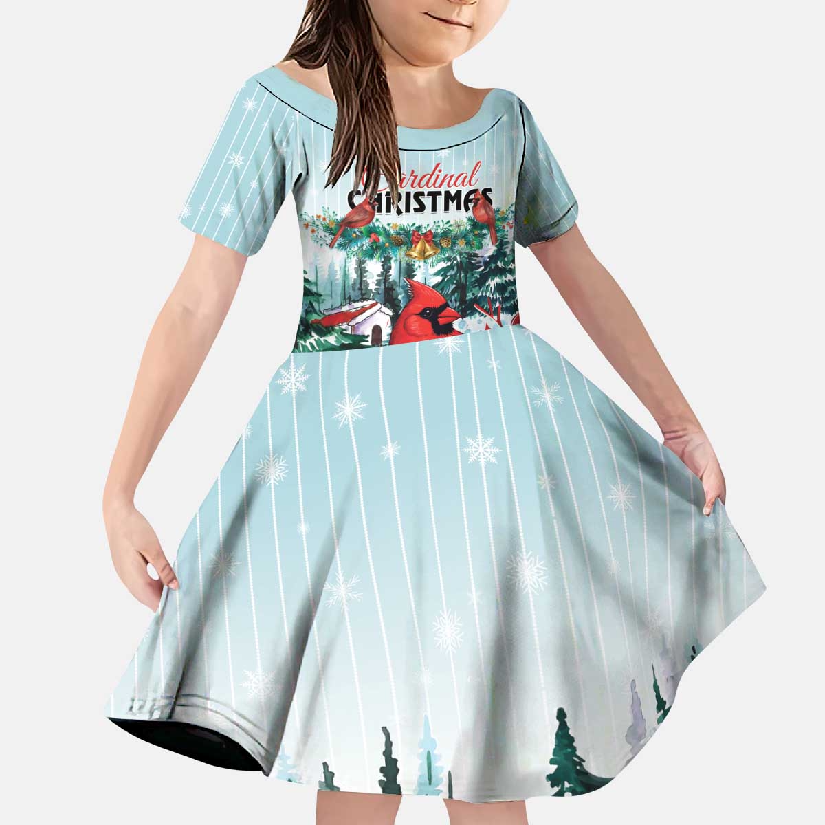 Personalised Cardinal Christmas Kid Short Sleeve Dress Snowflake Xmas Tree - Wonder Print Shop