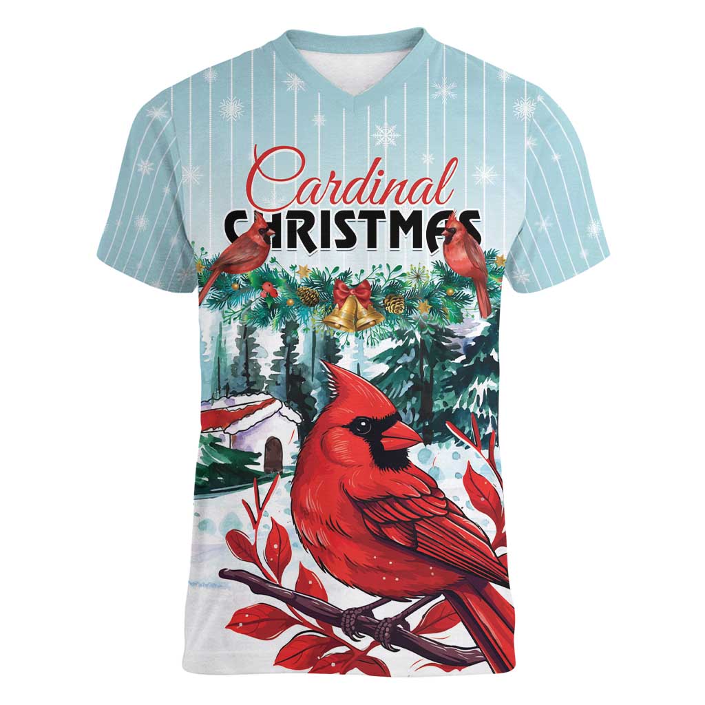 Personalised Cardinal Christmas Women V-Neck T-Shirt Snowflake Xmas Tree - Wonder Print Shop