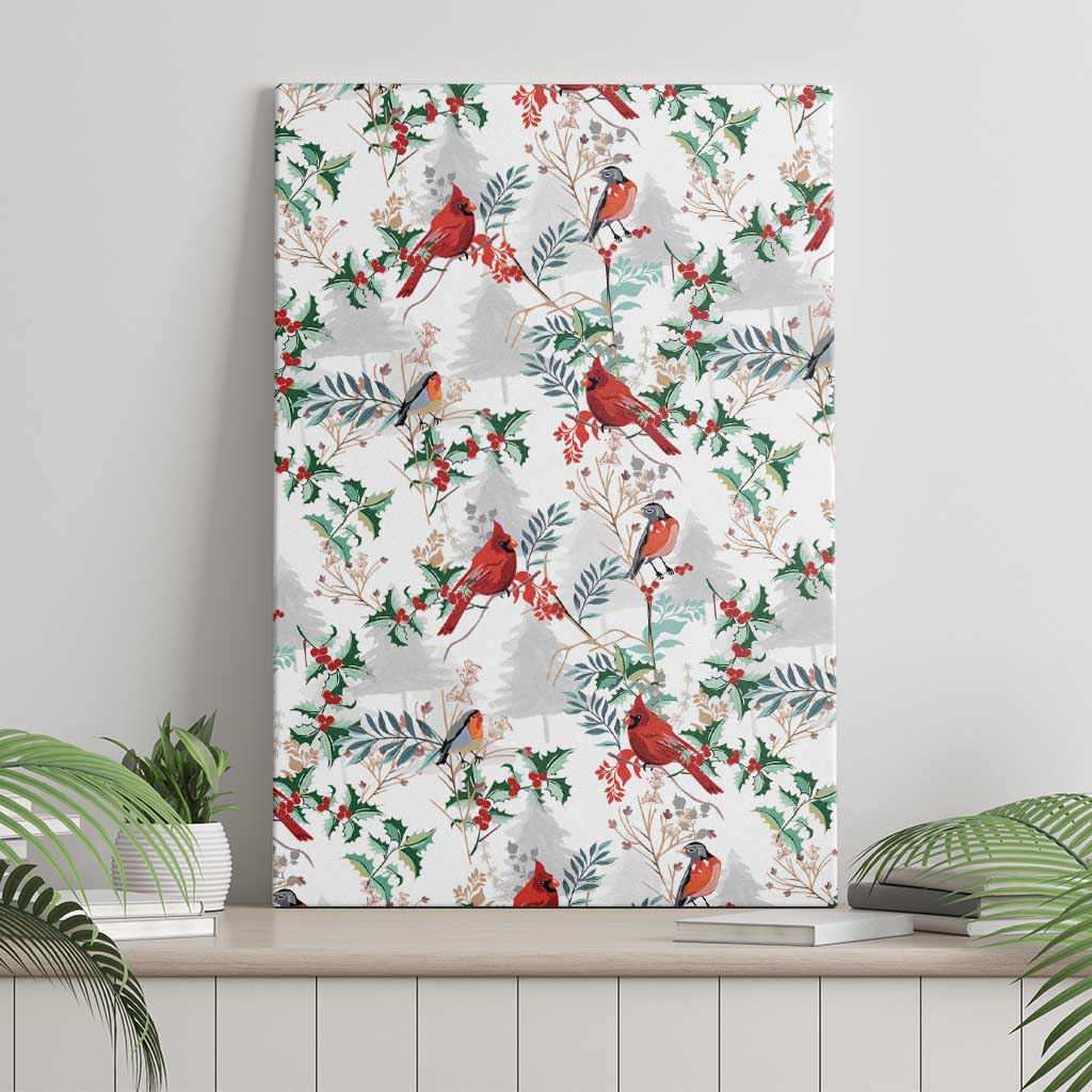 Cardinal Christmas White Canvas Wall Art Xmas Pattern - Wonder Print Shop