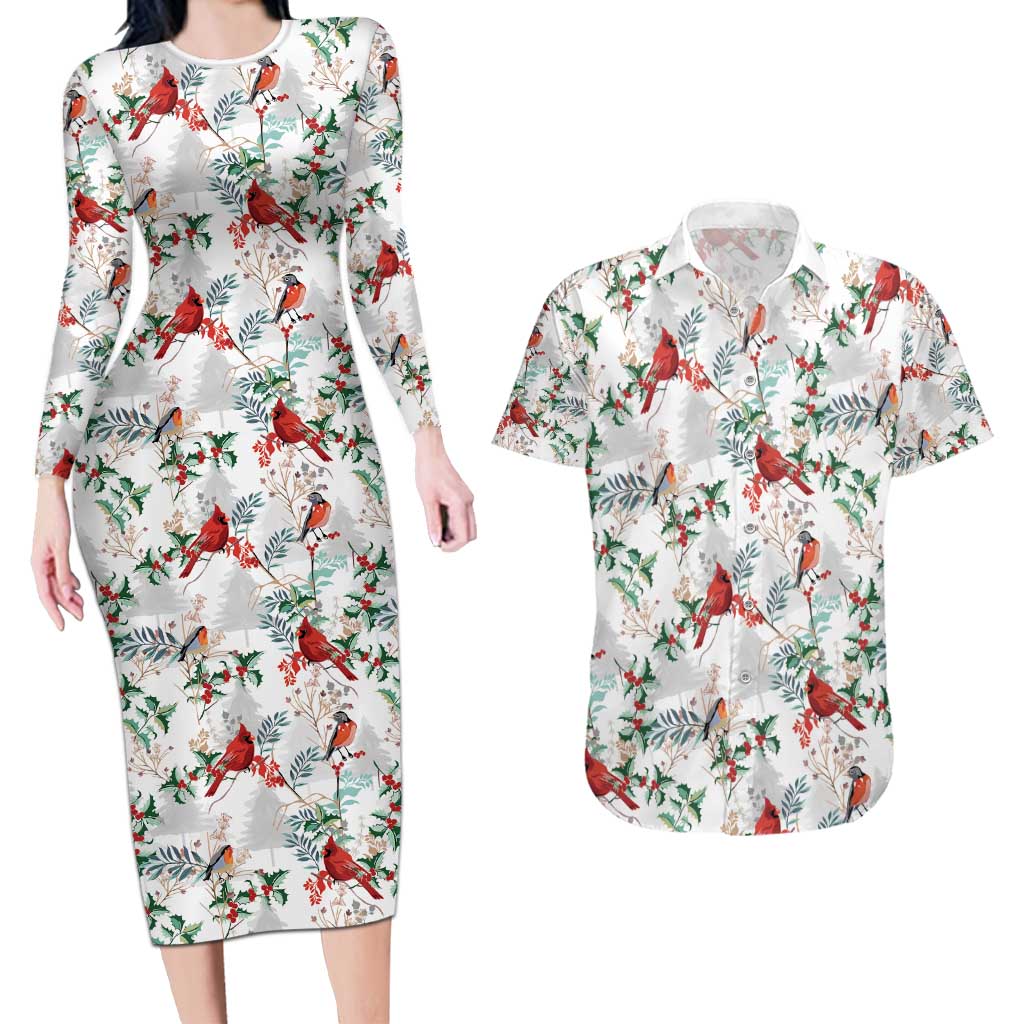 Cardinal Christmas White Couples Matching Long Sleeve Bodycon Dress and Hawaiian Shirt Xmas Pattern - Wonder Print Shop