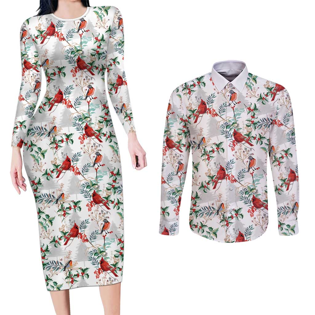 Cardinal Christmas White Couples Matching Long Sleeve Bodycon Dress and Long Sleeve Button Shirt Xmas Pattern - Wonder Print Shop