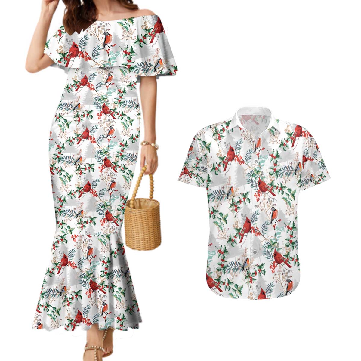 Cardinal Christmas White Couples Matching Mermaid Dress and Hawaiian Shirt Xmas Pattern - Wonder Print Shop