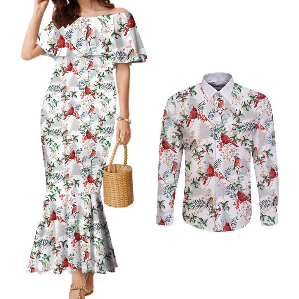 Cardical Christmas White Couples Matching Mermaid Dress and Long Sleeve Button Shirt Xmas Pattern