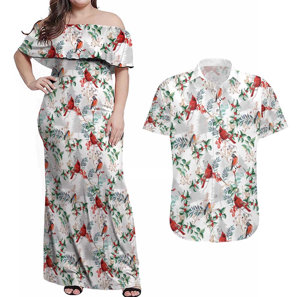 Cardinal Christmas White Couples Matching Off Shoulder Maxi Dress and Hawaiian Shirt Xmas Pattern - Wonder Print Shop