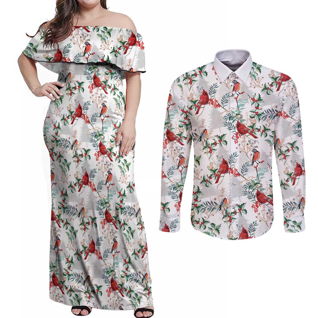 Cardinal Christmas White Couples Matching Off Shoulder Maxi Dress and Long Sleeve Button Shirt Xmas Pattern - Wonder Print Shop
