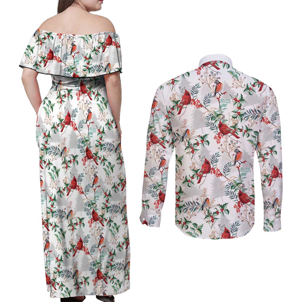 Cardinal Christmas White Couples Matching Off Shoulder Maxi Dress and Long Sleeve Button Shirt Xmas Pattern - Wonder Print Shop
