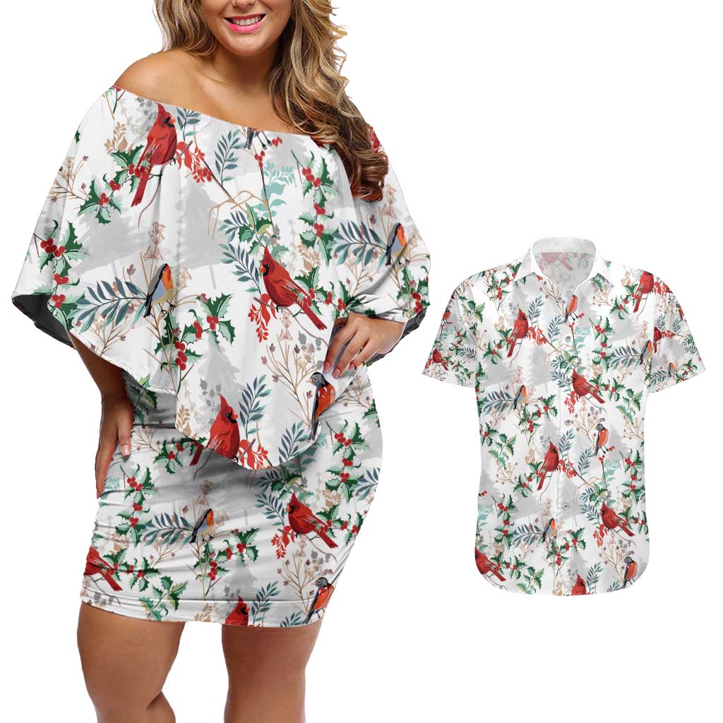 Cardinal Christmas White Couples Matching Off Shoulder Short Dress and Hawaiian Shirt Xmas Pattern - Wonder Print Shop