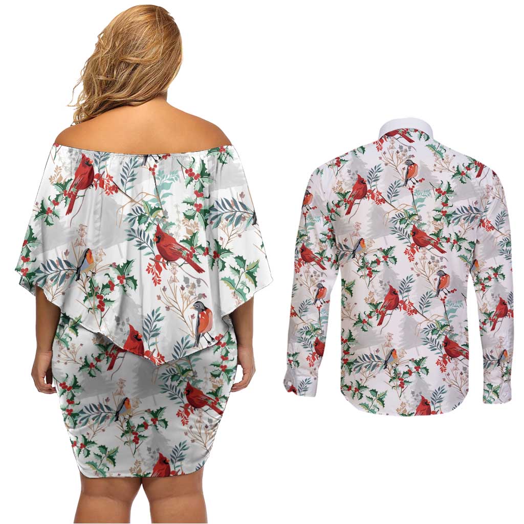Cardinal Christmas White Couples Matching Off Shoulder Short Dress and Long Sleeve Button Shirt Xmas Pattern - Wonder Print Shop