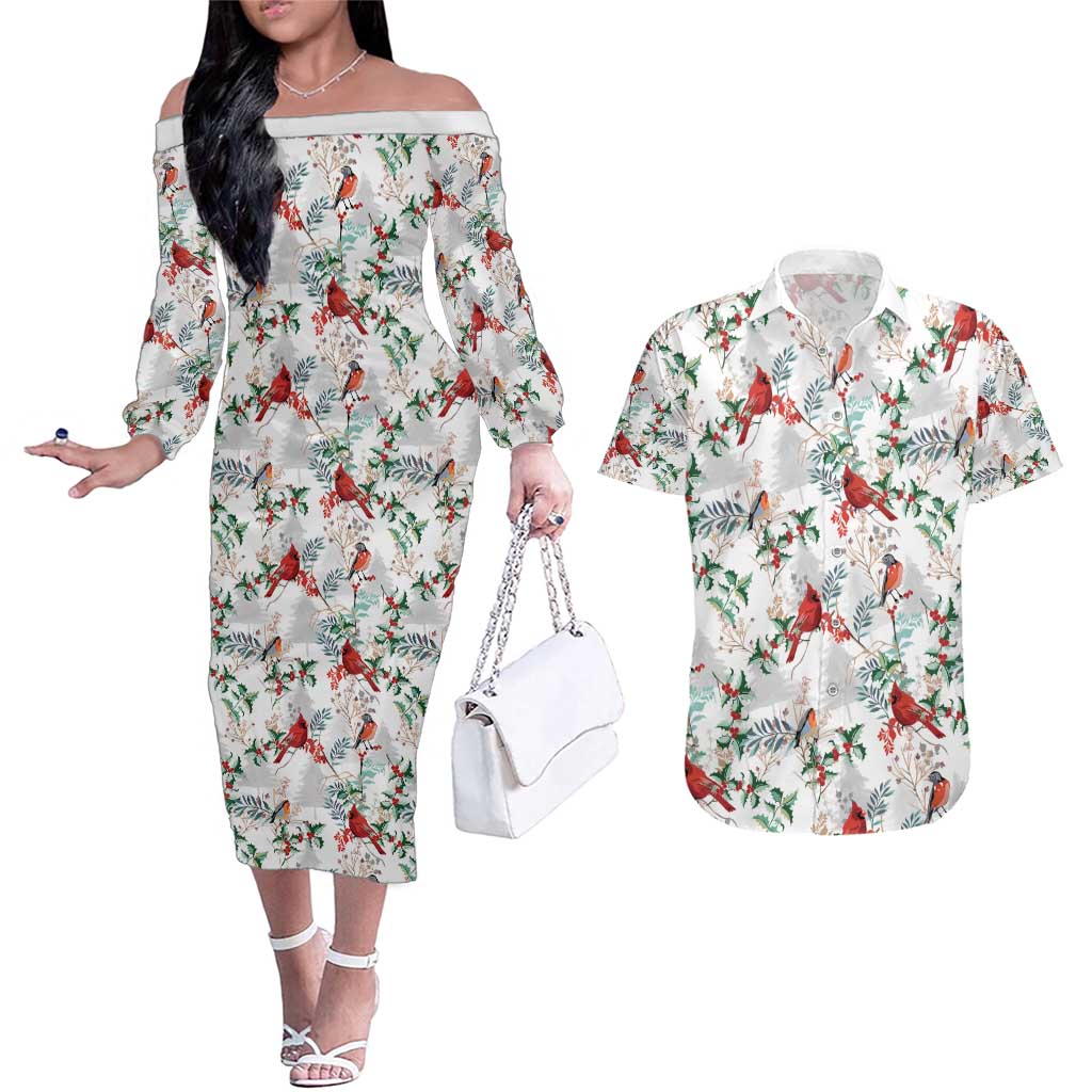 Cardinal Christmas White Couples Matching Off The Shoulder Long Sleeve Dress and Hawaiian Shirt Xmas Pattern - Wonder Print Shop