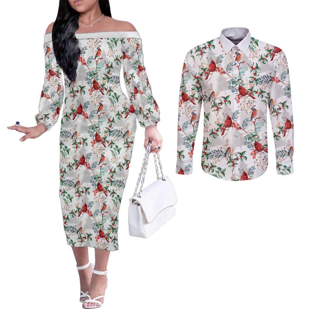 Cardical Christmas White Couples Matching Off The Shoulder Long Sleeve Dress and Long Sleeve Button Shirt Xmas Pattern