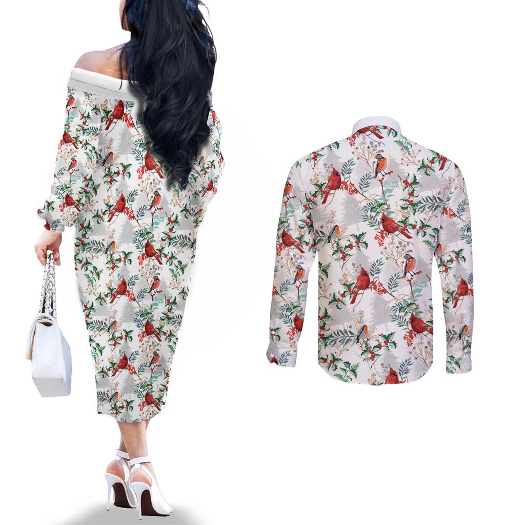 Cardical Christmas White Couples Matching Off The Shoulder Long Sleeve Dress and Long Sleeve Button Shirt Xmas Pattern