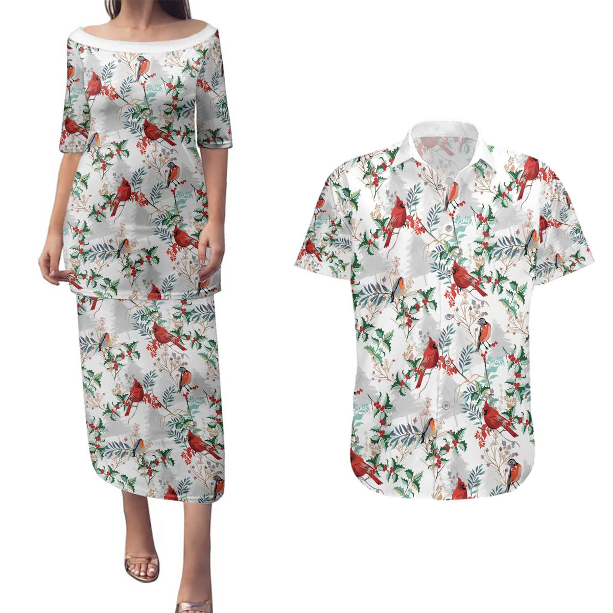 Cardinal Christmas White Couples Matching Puletasi and Hawaiian Shirt Xmas Pattern - Wonder Print Shop