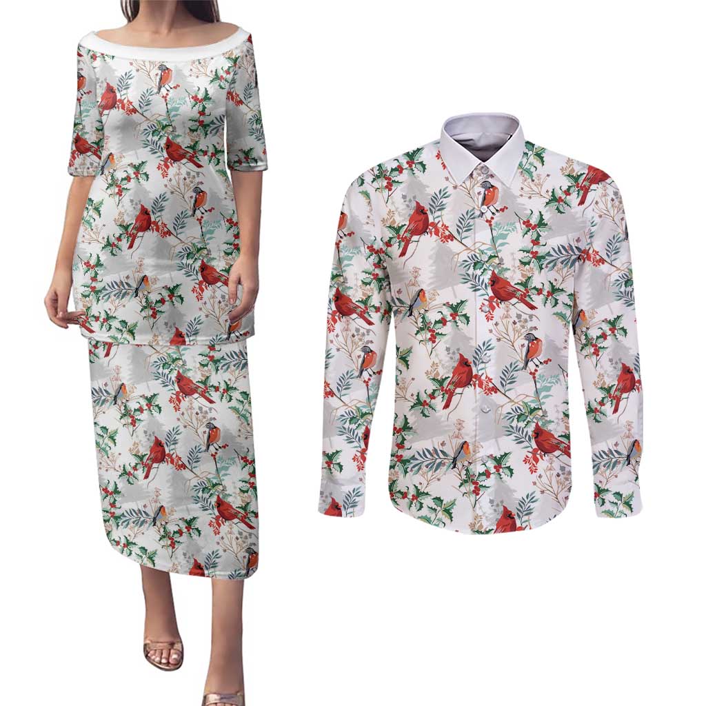 Cardinal Christmas White Couples Matching Puletasi and Long Sleeve Button Shirt Xmas Pattern - Wonder Print Shop