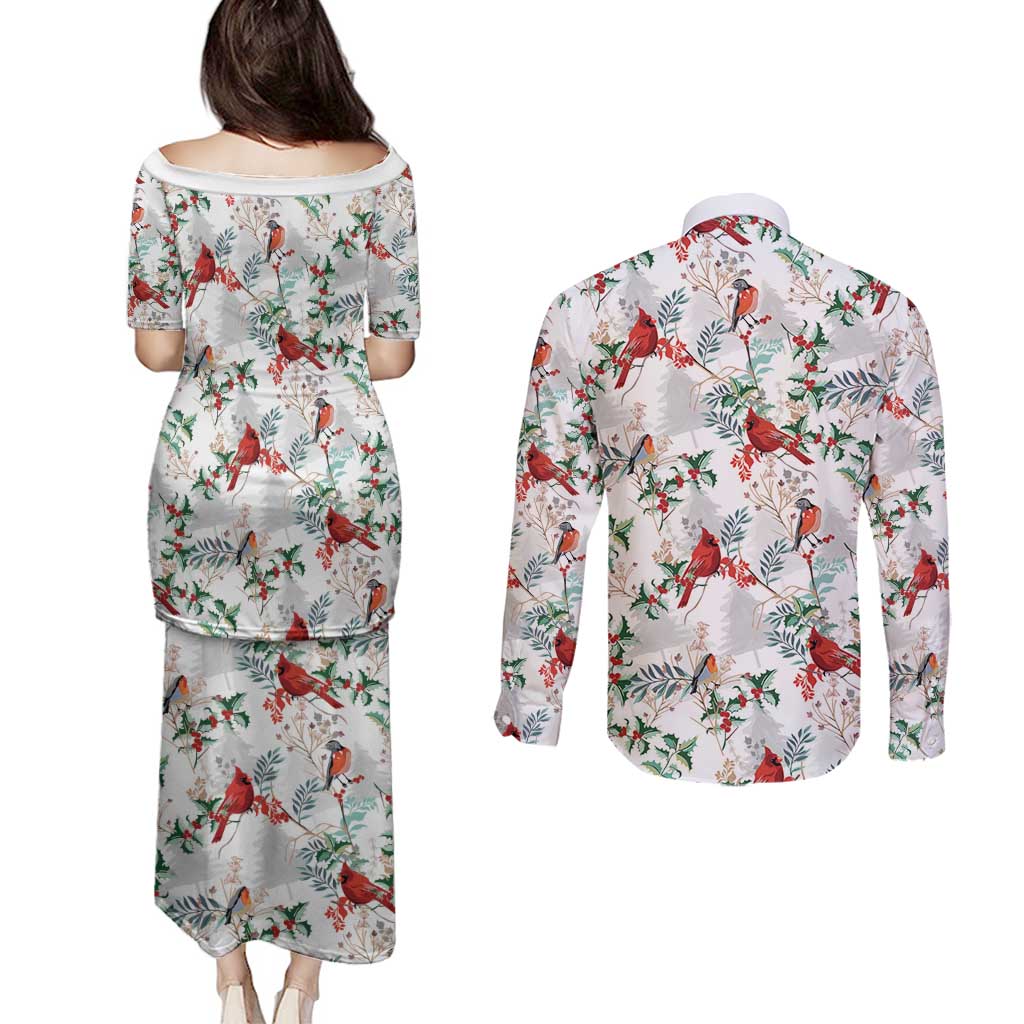 Cardinal Christmas White Couples Matching Puletasi and Long Sleeve Button Shirt Xmas Pattern - Wonder Print Shop