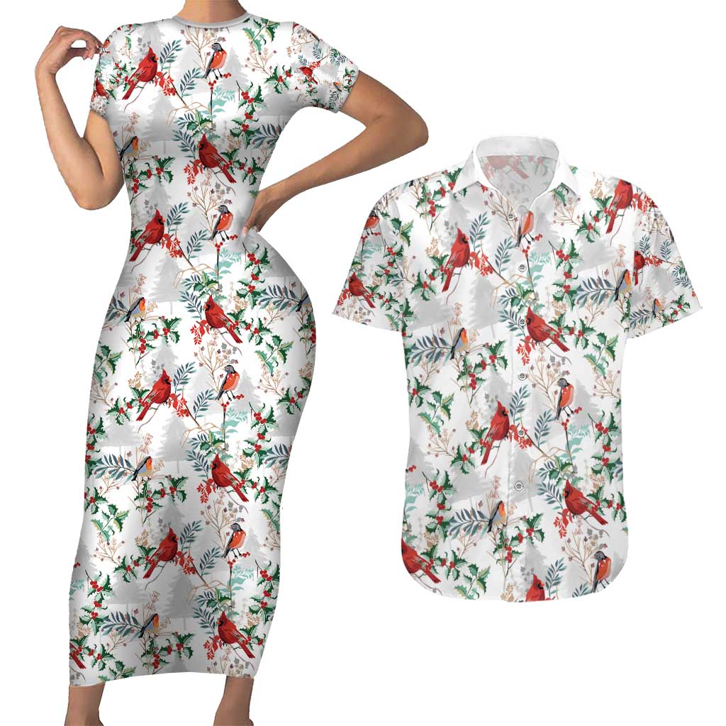 Cardinal Christmas White Couples Matching Short Sleeve Bodycon Dress and Hawaiian Shirt Xmas Pattern - Wonder Print Shop