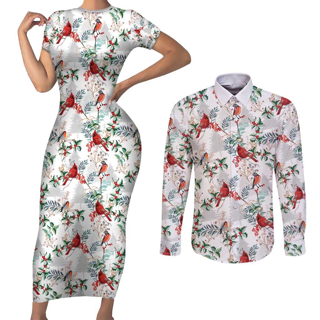 Cardinal Christmas White Couples Matching Short Sleeve Bodycon Dress and Long Sleeve Button Shirt Xmas Pattern - Wonder Print Shop