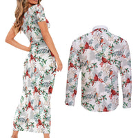 Cardinal Christmas White Couples Matching Short Sleeve Bodycon Dress and Long Sleeve Button Shirt Xmas Pattern - Wonder Print Shop