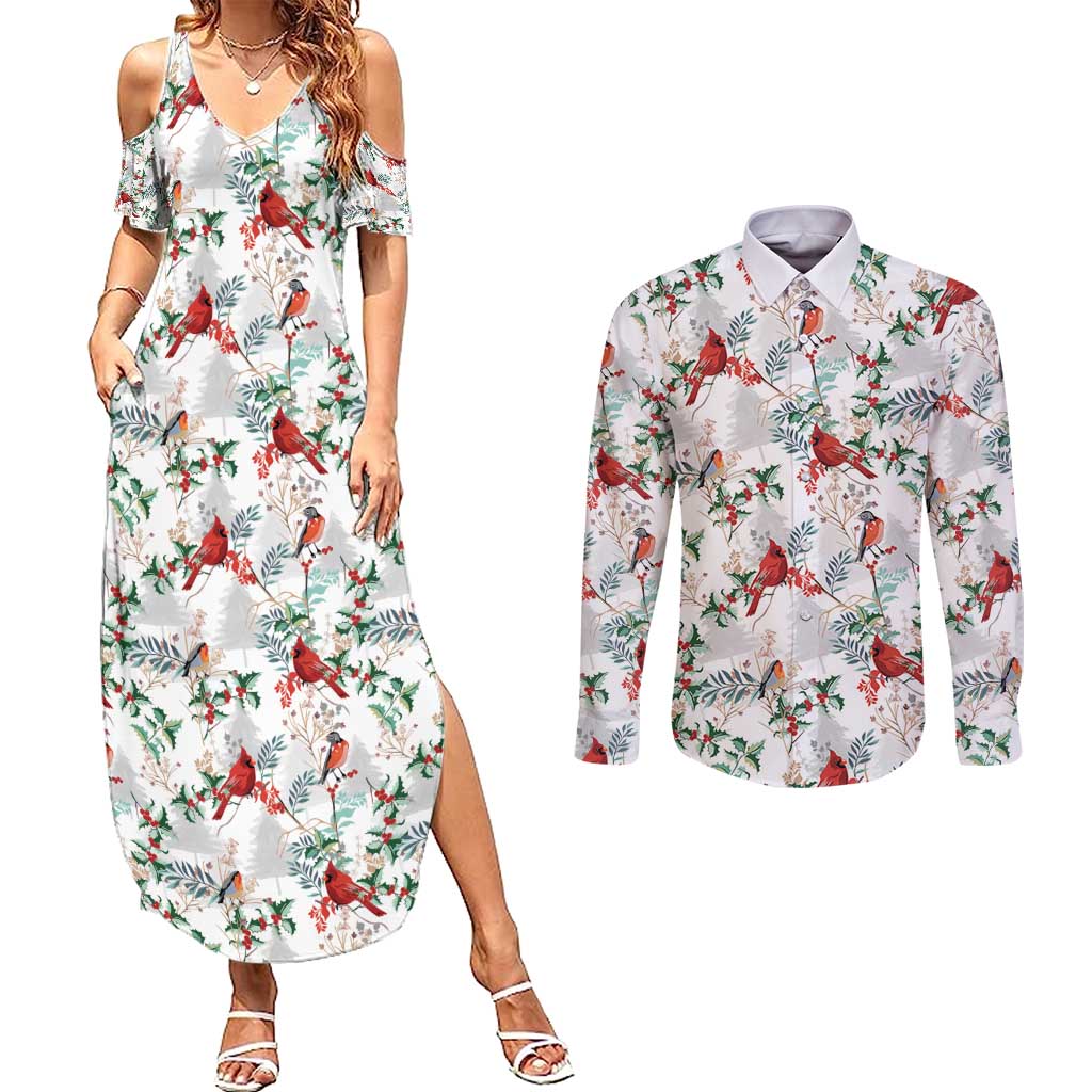 Cardinal Christmas White Couples Matching Summer Maxi Dress and Long Sleeve Button Shirt Xmas Pattern - Wonder Print Shop