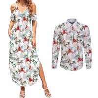 Cardinal Christmas White Couples Matching Summer Maxi Dress and Long Sleeve Button Shirt Xmas Pattern - Wonder Print Shop
