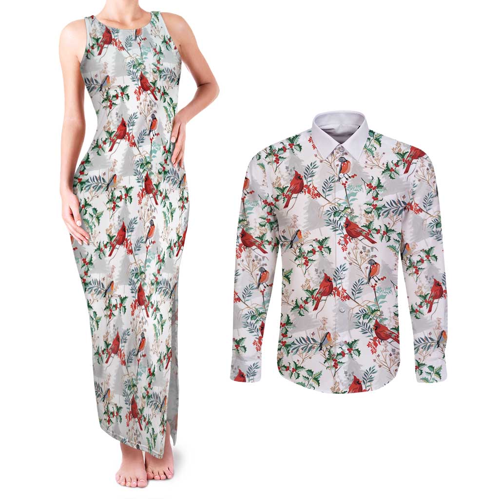 Cardinal Christmas White Couples Matching Tank Maxi Dress and Long Sleeve Button Shirt Xmas Pattern - Wonder Print Shop