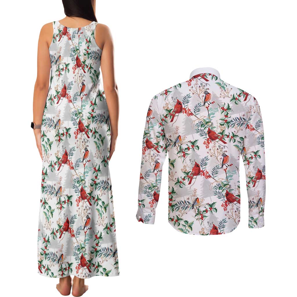 Cardinal Christmas White Couples Matching Tank Maxi Dress and Long Sleeve Button Shirt Xmas Pattern - Wonder Print Shop