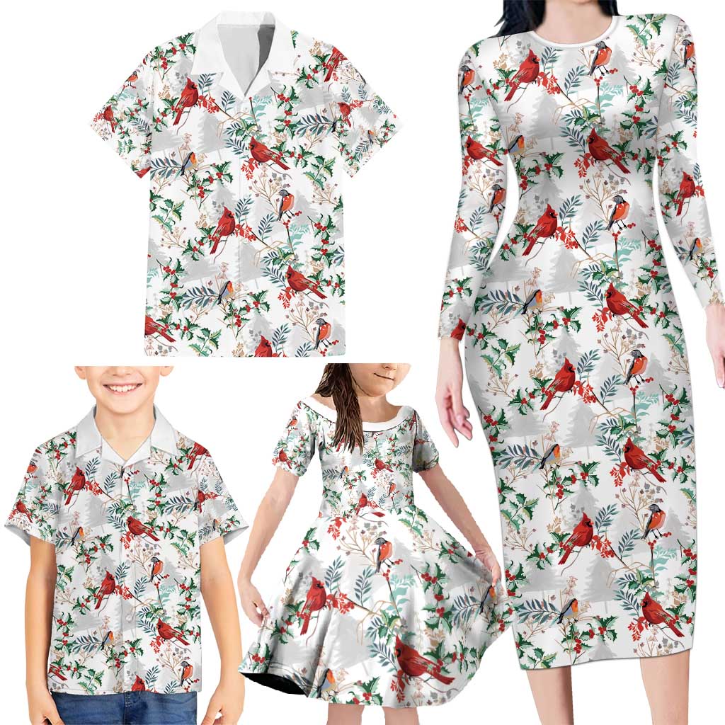 Cardinal Christmas White Family Matching Long Sleeve Bodycon Dress and Hawaiian Shirt Xmas Pattern - Wonder Print Shop