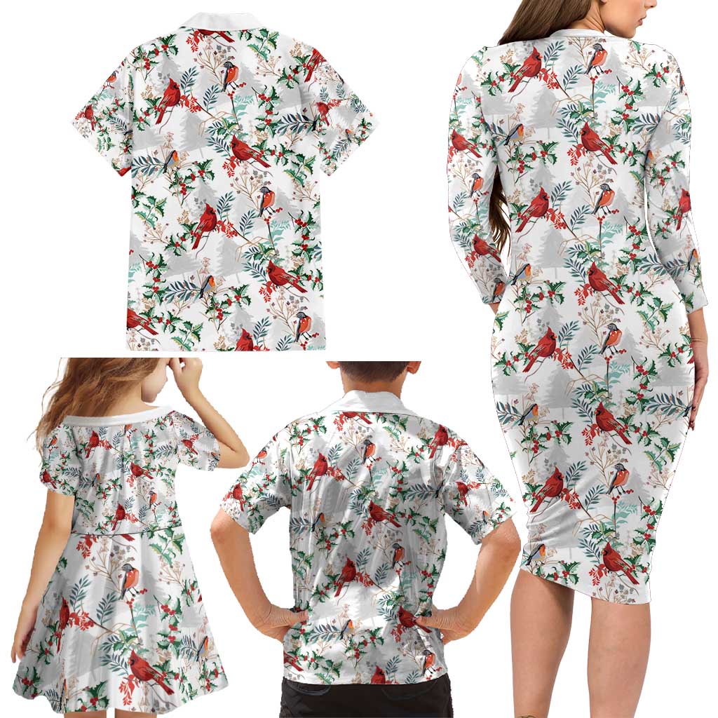 Cardinal Christmas White Family Matching Long Sleeve Bodycon Dress and Hawaiian Shirt Xmas Pattern - Wonder Print Shop