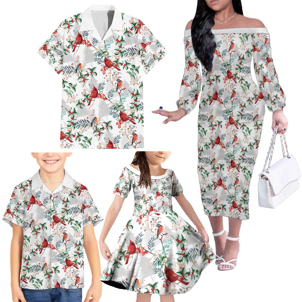 Cardinal Christmas White Family Matching Off The Shoulder Long Sleeve Dress and Hawaiian Shirt Xmas Pattern - Wonder Print Shop