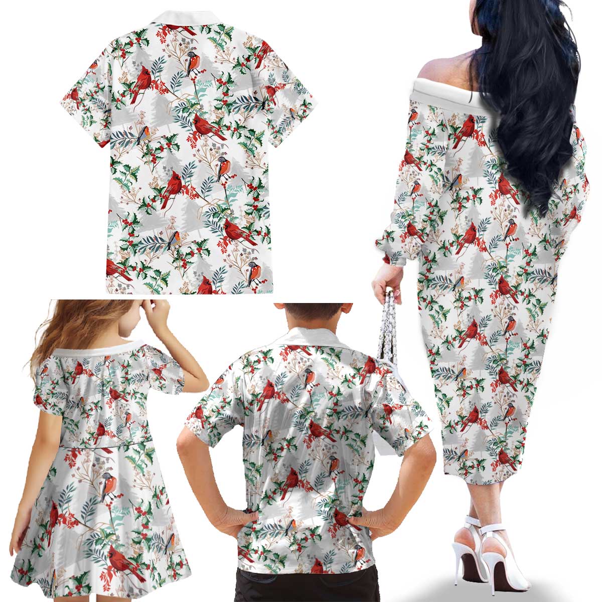 Cardinal Christmas White Family Matching Off The Shoulder Long Sleeve Dress and Hawaiian Shirt Xmas Pattern - Wonder Print Shop