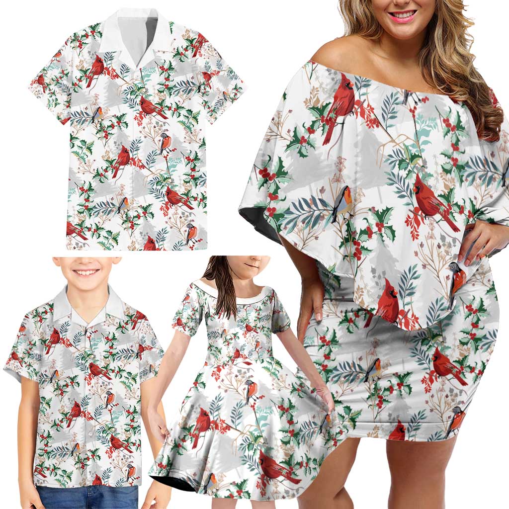 Cardinal Christmas White Family Matching Off Shoulder Short Dress and Hawaiian Shirt Xmas Pattern - Wonder Print Shop