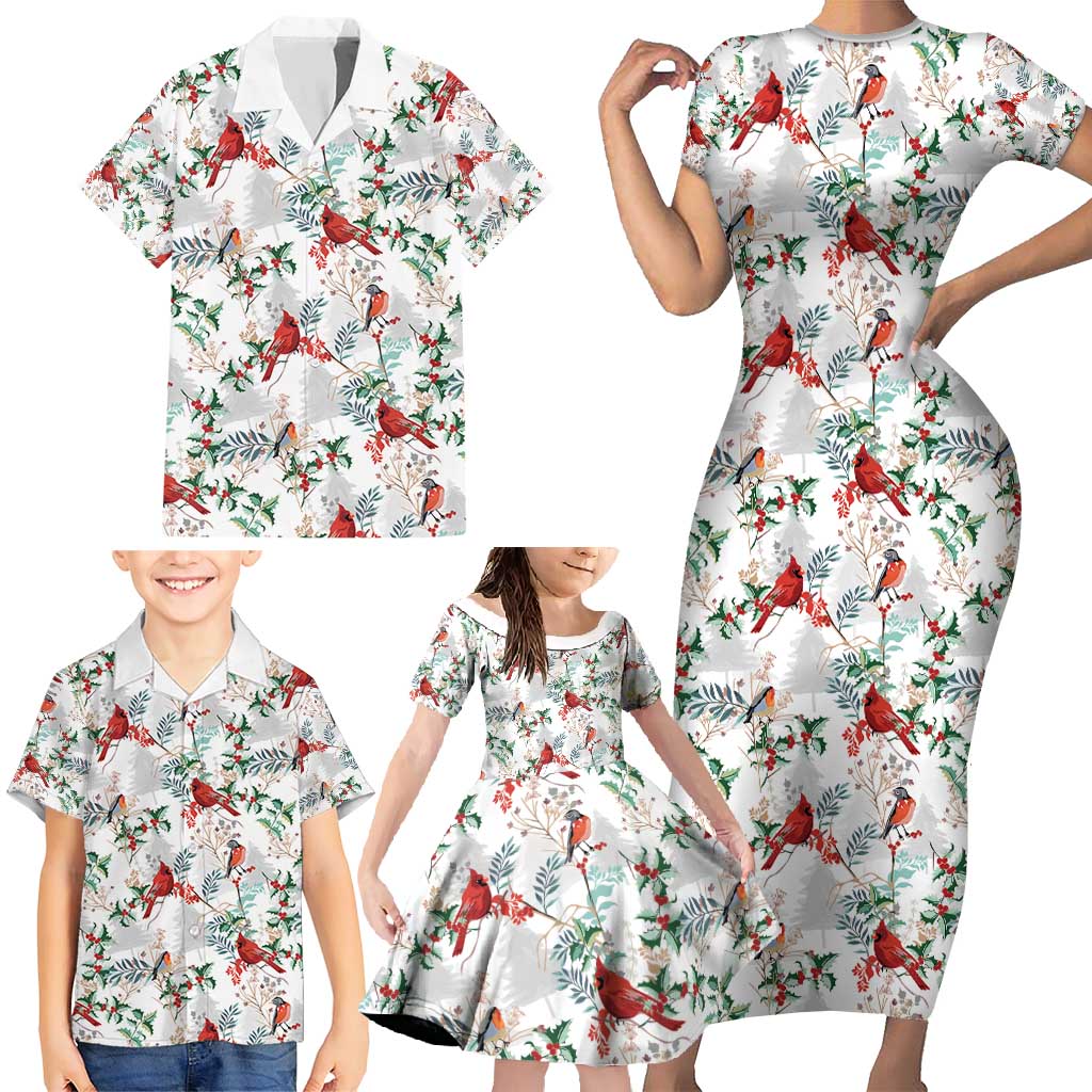 Cardinal Christmas White Family Matching Short Sleeve Bodycon Dress and Hawaiian Shirt Xmas Pattern - Wonder Print Shop