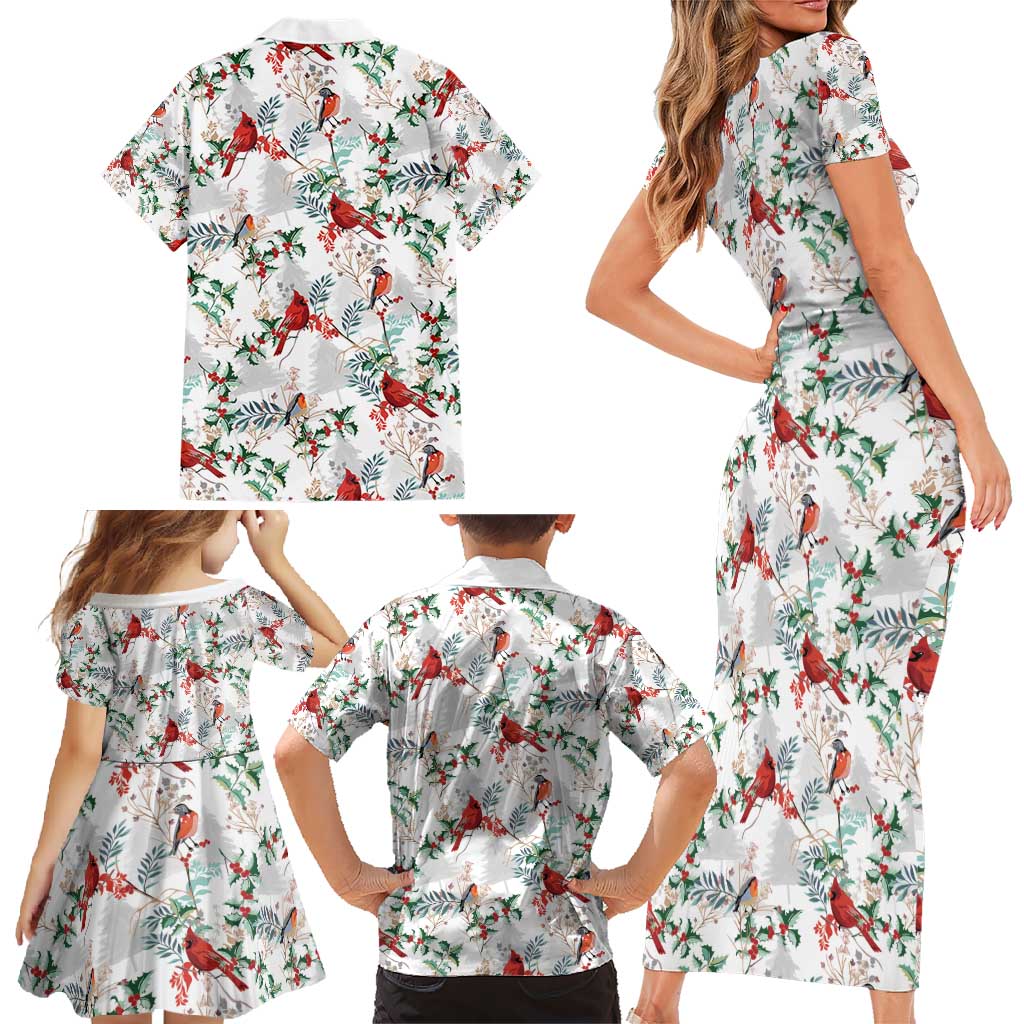 Cardinal Christmas White Family Matching Short Sleeve Bodycon Dress and Hawaiian Shirt Xmas Pattern - Wonder Print Shop