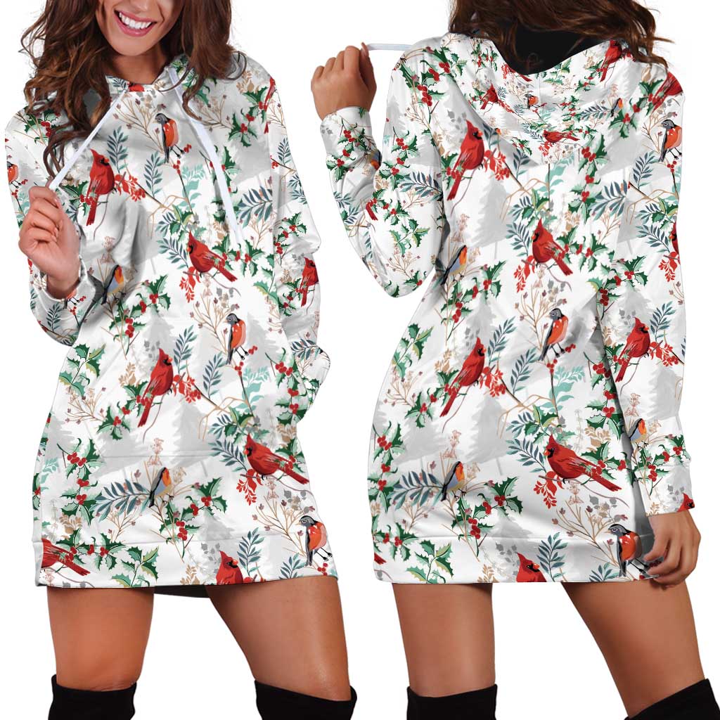 Cardinal Christmas White Hoodie Dress Xmas Pattern - Wonder Print Shop